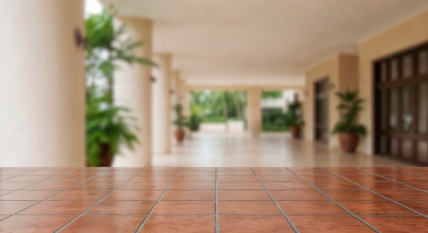 Hallway with tiled floor and blurred background