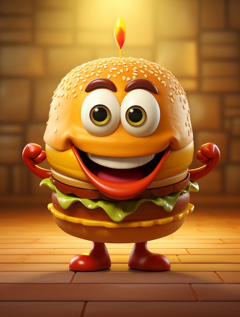 Hamburguesa 3d con características de personajes de dibujos animados.