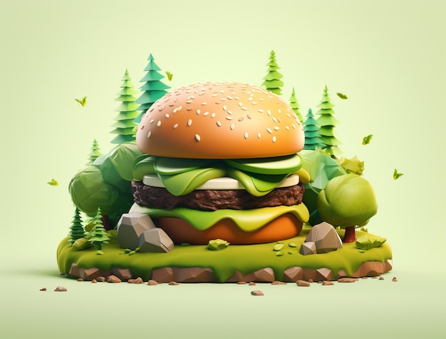 Foto gratuita hamburguesa 3d con elementos de la naturaleza.