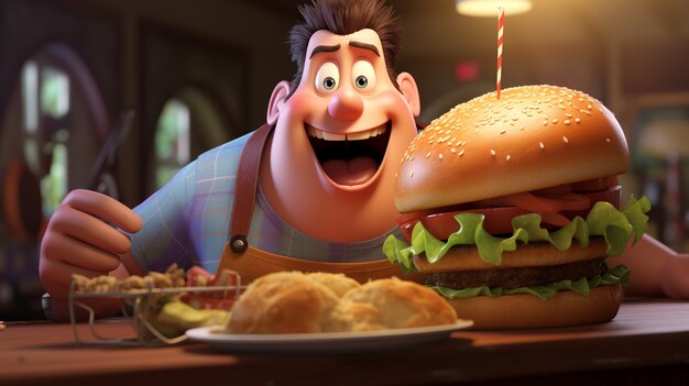 Hamburguesa deliciosa 3d con hombre emocionado