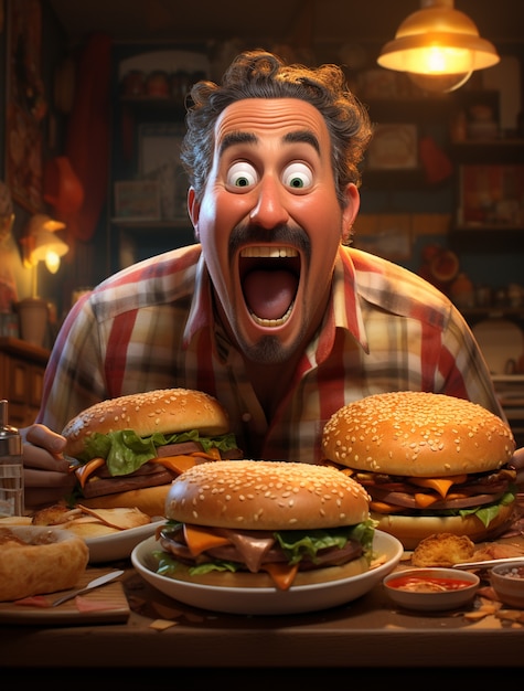 Hamburguesa deliciosa 3d con hombre emocionado