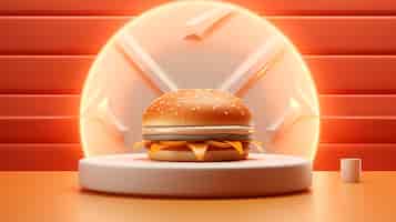 Foto gratuita hamburguesa deliciosa 3d en podio de luz brillante