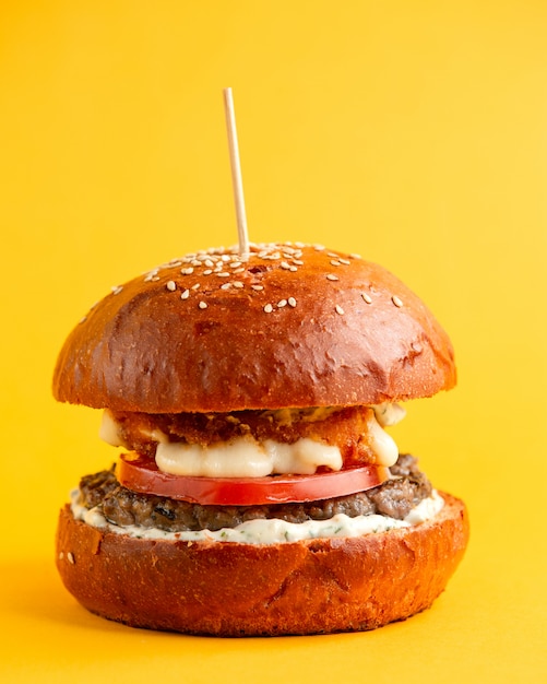 hamburguesa con empanada de tomate y queso asado y salsa en bollos de hamburguesa