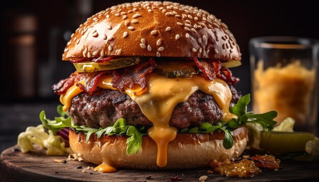 Hamburguesa gourmet con carne a la parrilla tomate cebolla y pan rústico generado por IA