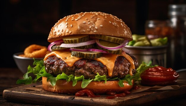 Hamburguesa gourmet a la parrilla con cebolla y tomate generada por IA