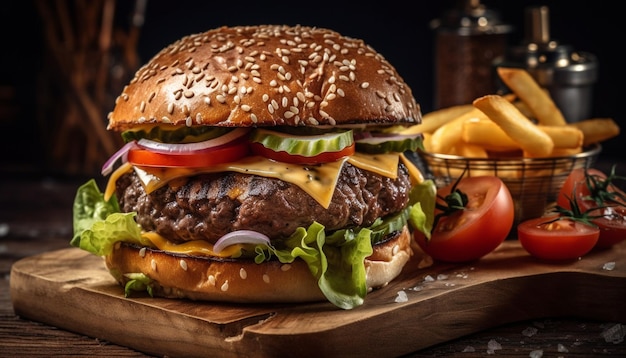 Hamburguesa gourmet a la parrilla con queso en pan con semillas de sésamo generada por IA