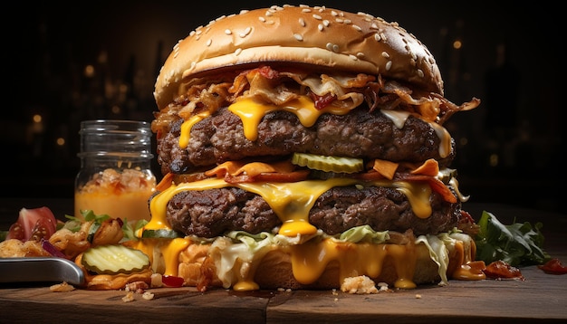 Foto gratuita hamburguesa gourmet a la parrilla con queso, tomate, cebolla y pan fresco generada por inteligencia artificial