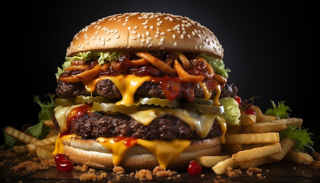 Foto gratuita hamburguesa gourmet a la parrilla con queso, tomate, cebolla y papas fritas generada por inteligencia artificial