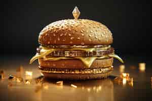 Foto gratuita hamburguesa en oro y diamantes en un fondo oscuro