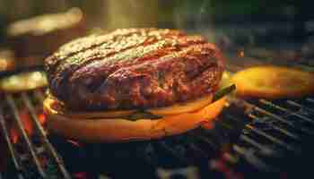 Foto gratuita hamburguesa a la parrilla char en un plato rústico listo para comer generado por ia