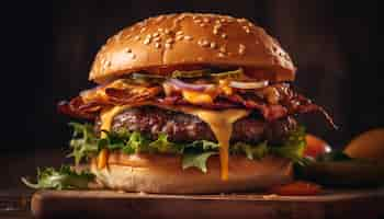 Foto gratuita hamburguesa a la parrilla con tomate, cebolla y papas fritas generada por ia