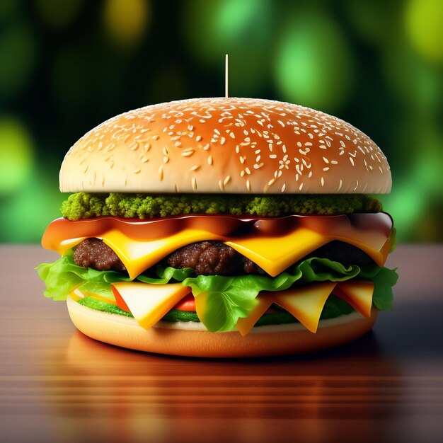 Una hamburguesa con queso y lechuga encima.
