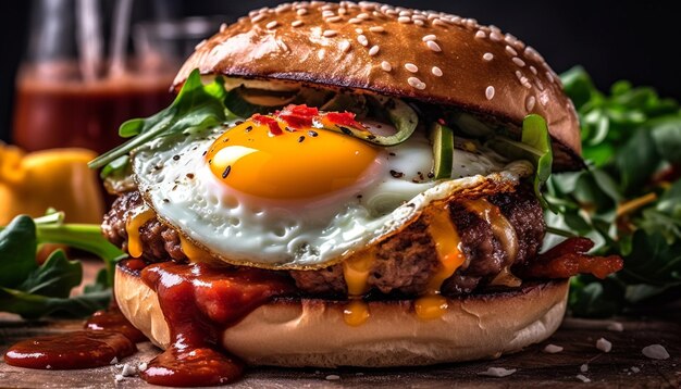 Foto gratuita hamburguesa con queso a la parrilla en una mesa rústica de madera generada por ia