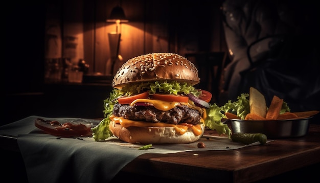 Hamburguesa con queso a la parrilla en pan rústico con papas fritas IA generativa