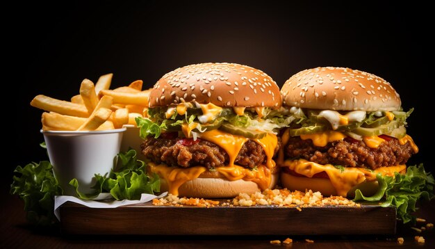 Hamburguesa con queso a la parrilla sobre pan con papas fritas, una comida clásica estadounidense generada por inteligencia artificial