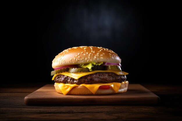 Hamburguesa de queso perfecta con verduras sobre mesa de madera y fondo negro Ai generativo