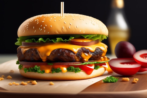 Foto gratuita una hamburguesa con queso y tomate encima