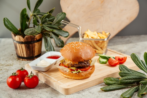 Hamburguesa servida con papas fritas y ensalada