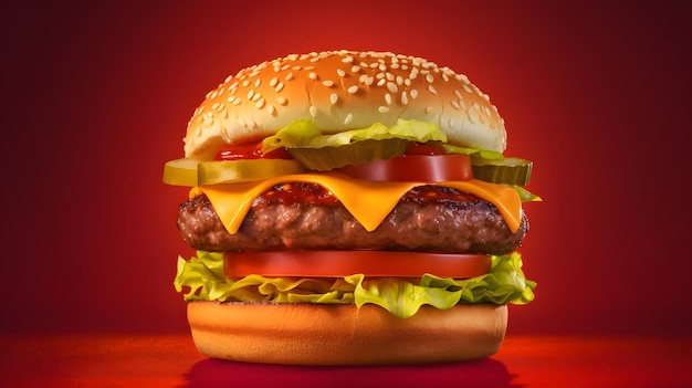 Foto gratuita una hamburguesa sobre fondo rojo hecha con ai generativo