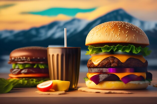 Una hamburguesa y una taza de jugo están sobre una mesa.
