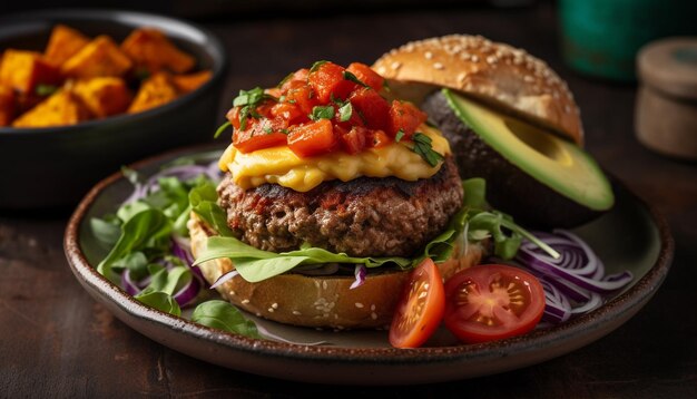 Hamburguesa de ternera a la parrilla con ensalada de verduras frescas generada por IA