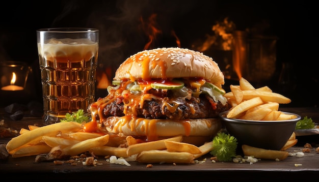 Hamburguesa de ternera a la parrilla, patatas fritas y cola, comida de pub perfecta generada por inteligencia artificial