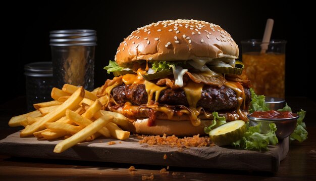 Hamburguesa de ternera a la parrilla con patatas fritas con queso y refrescante bebida de cola generada por inteligencia artificial