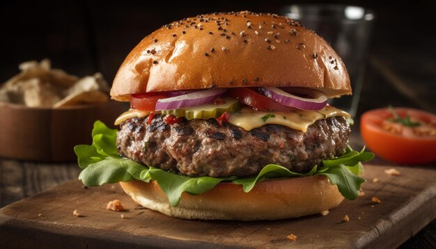 Hamburguesa de ternera a la parrilla con queso cheddar derretido generada por IA