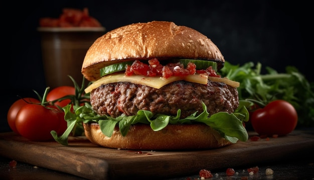 Foto gratuita hamburguesa de ternera a la parrilla con queso cheddar derretido generada por ia