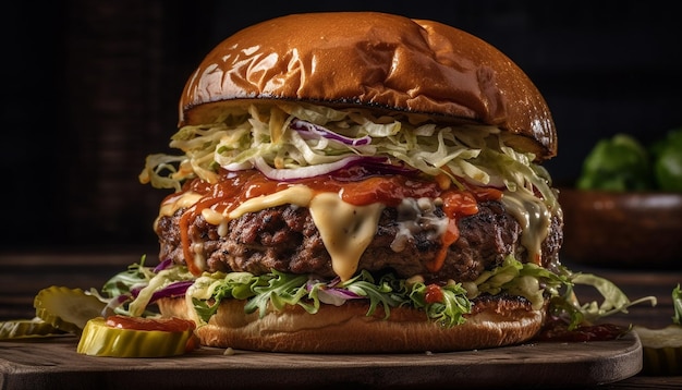 Foto gratuita hamburguesa de ternera a la parrilla con queso cheddar y guacamole generada por ia