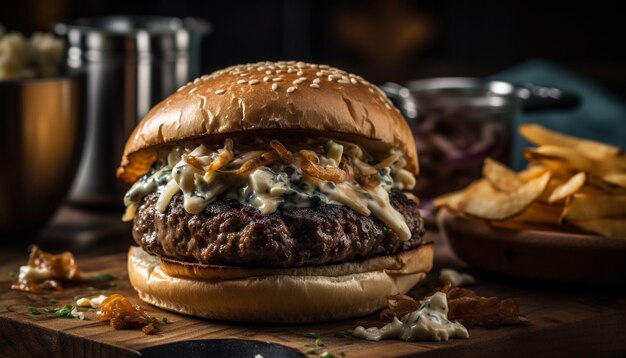 Hamburguesa de ternera a la parrilla con queso y patatas fritas generada por IA