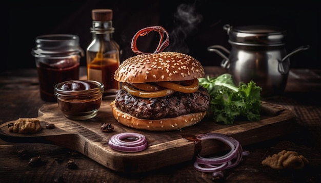 Foto gratuita hamburguesa de ternera a la plancha con queso y cebolla generada por ia