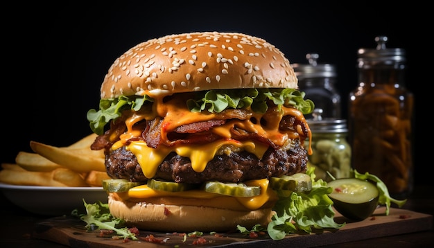 Foto gratuita hamburguesa de ternera a la plancha con queso, tomate y cebolla en pan generada por inteligencia artificial