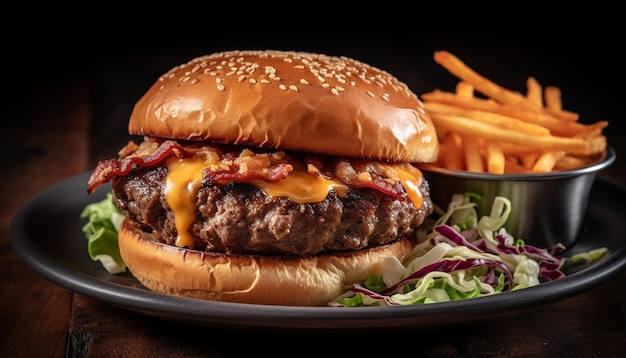 Una hamburguesa con tocino y una guarnición de papas fritas.