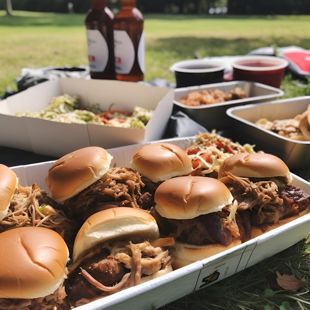 Foto gratuita hamburguesas caseras con pepinillos y cebollas en un picnic