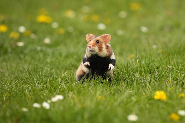 Hámster europeo en una pradera de flores