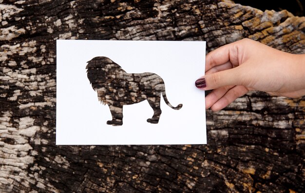 Hand Hold Lion Paper Carving con fondo de madera