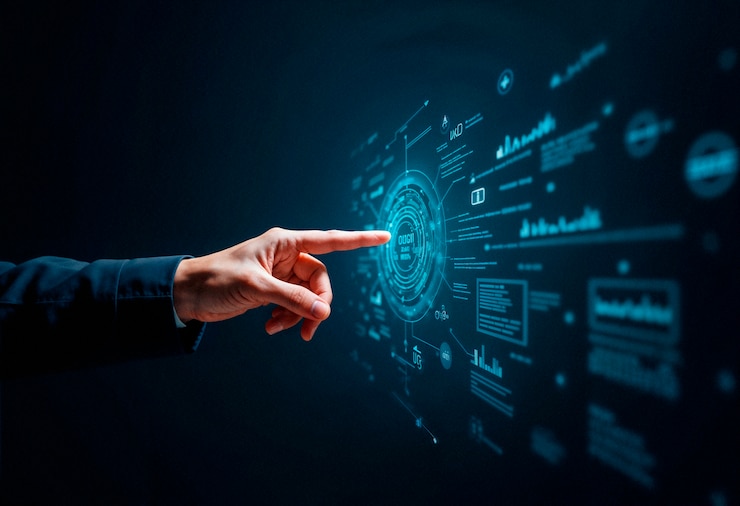 Photo Gratis hand touching a digital screen with data visualization
