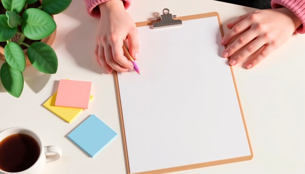 Hands writing on a blank clipboard on a white desk