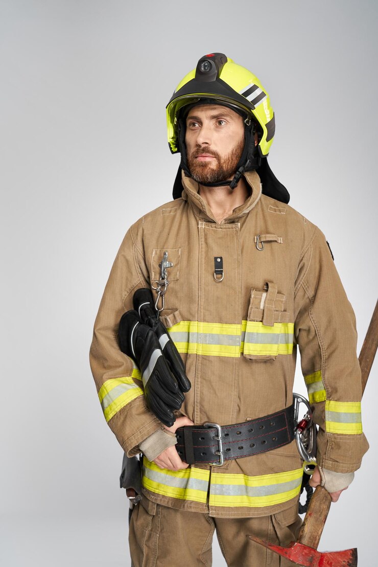 Photo Gratis handsome caucasian firefighter in helmet looking away while carrying fire ax portrait of bearded man
