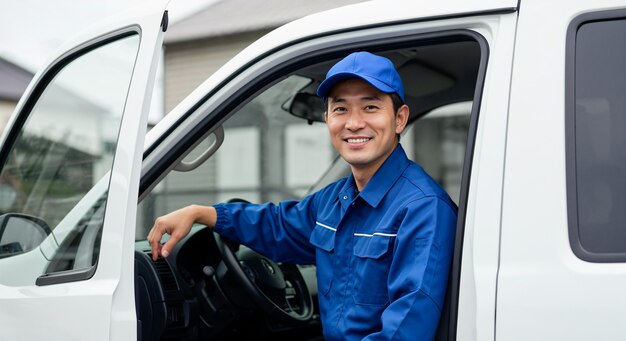 Happy delivery man sitting in a van