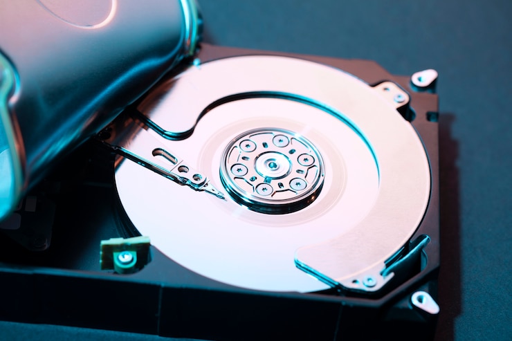 Photo Gratis hard disk with blue light high angle