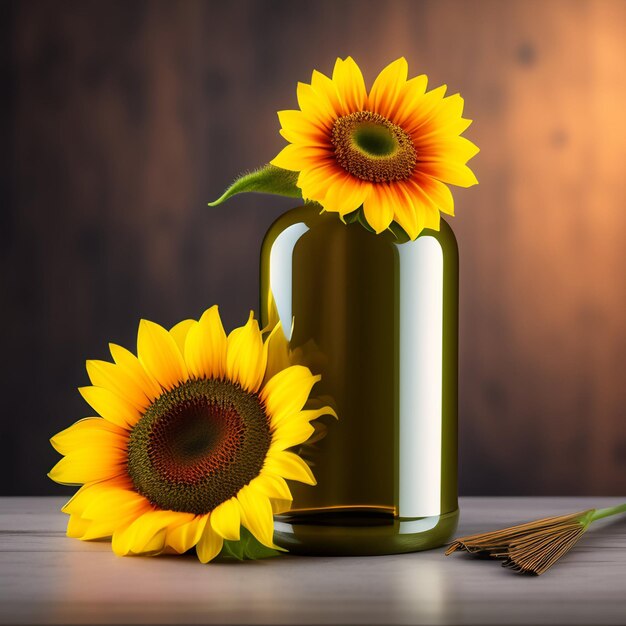 Hay dos girasoles en una botella de vidrio con una ramita al lado.