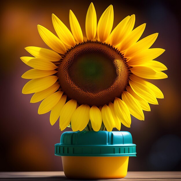 Hay un girasol en un recipiente amarillo con tapa verde.