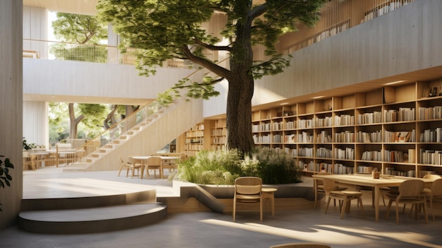 Foto gratuita hecha de hormigón transparente, la biblioteca cuenta con estanterías de madera de colores claros y asientos escalonados.