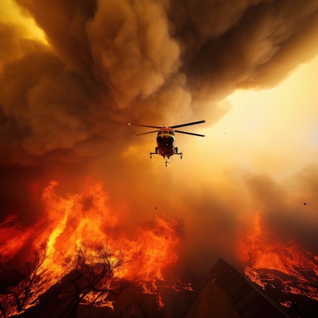 Foto gratuita helicóptero tratando de apagar un incendio forestal