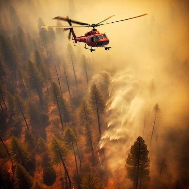 Foto gratuita helicóptero tratando de apagar un incendio forestal