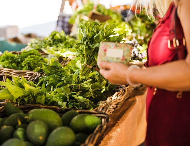 Hembra elige verduras de hoja saludable en el mercado