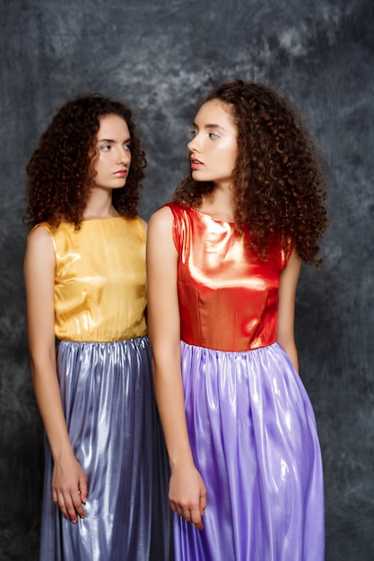 hermanas gemelas en vestidos brillantes posando en gris