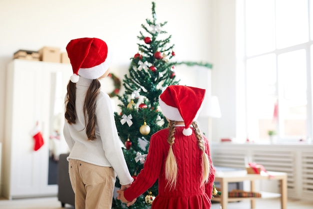 Hermanas niñas mirando el árbol de navidad, salón interior